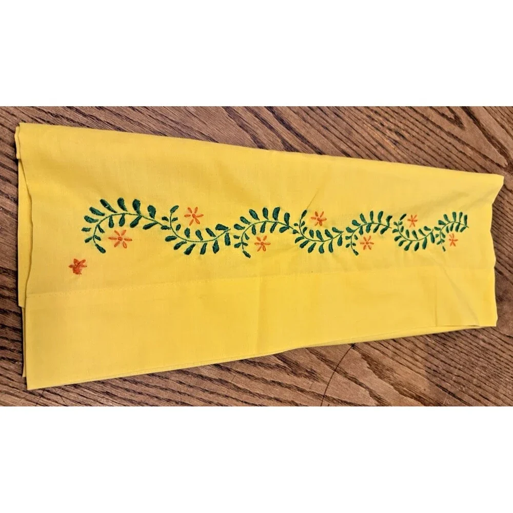 Vintage Hand Stitched Embroidery Pillow Cases. 2 Standard 20 x 31 Yellow